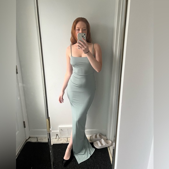 LONG MAXI TEAL DRESS SLIT ON THE SIDE OPEN BACK, SMALL - Picture 5 of 5